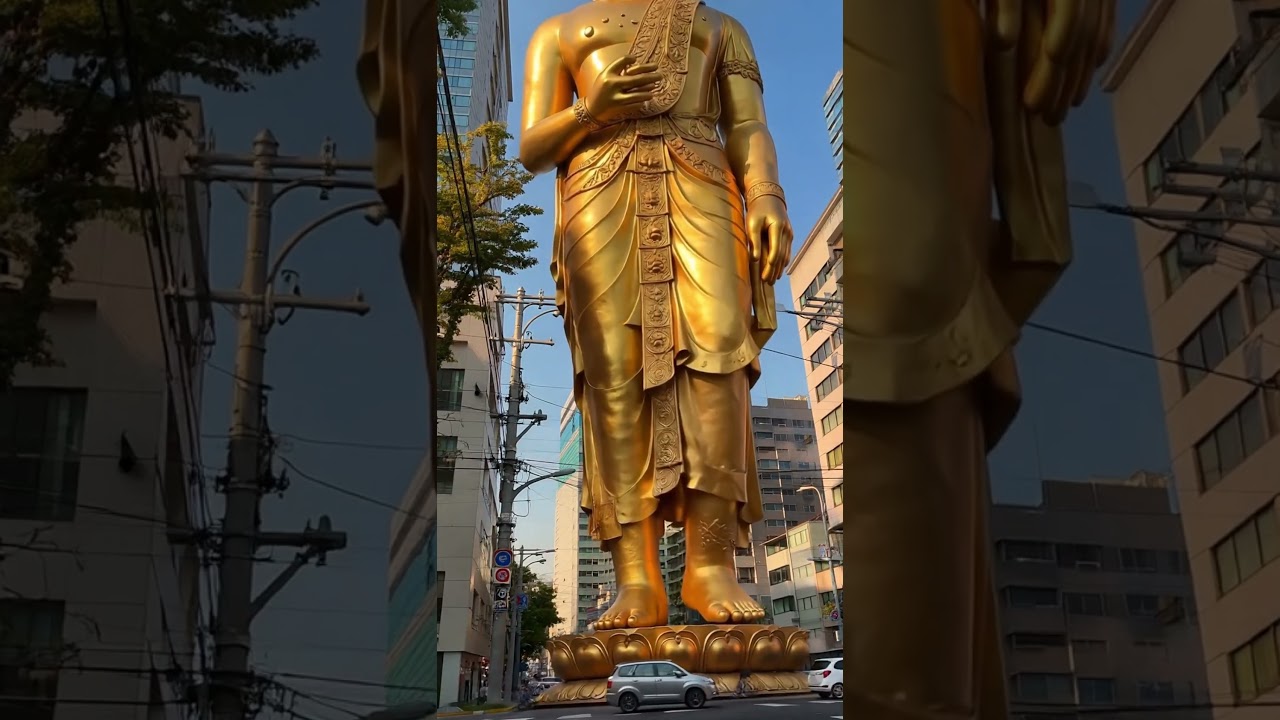 The magnificent golden Buddha statue is walking on the busy city streets. #buddha